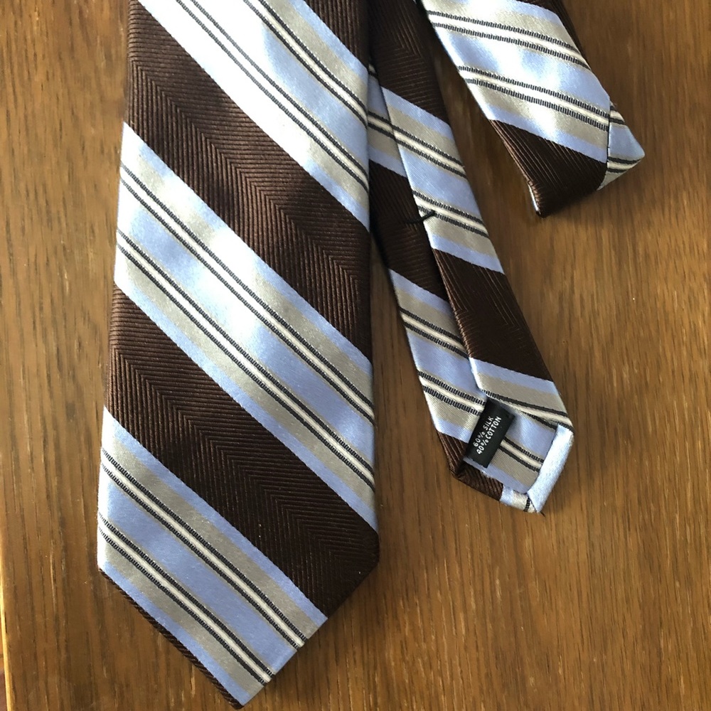 IKE BEHAR Silk Blend Striped Tie Blue Brown Champagne- excellent, don’t miss!